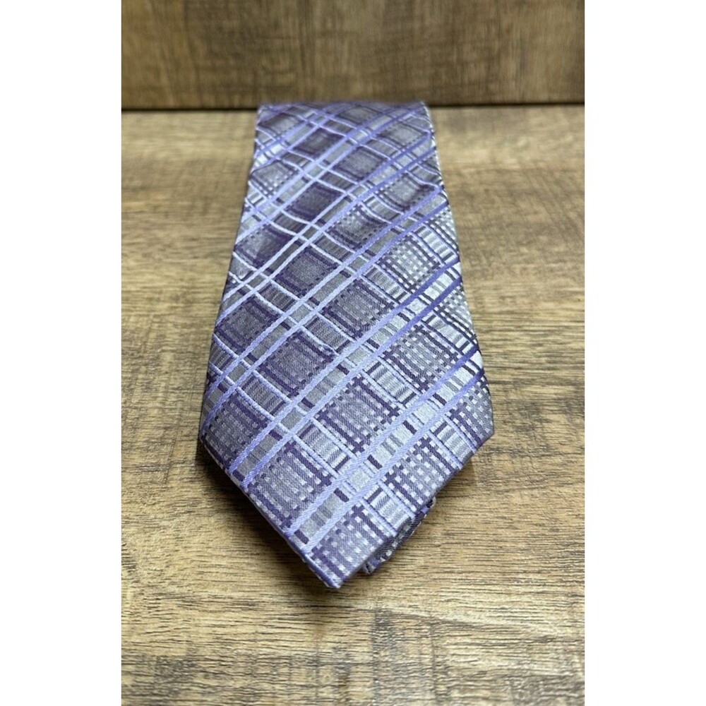 Bachrach men neck tie silver and purple striped  silk